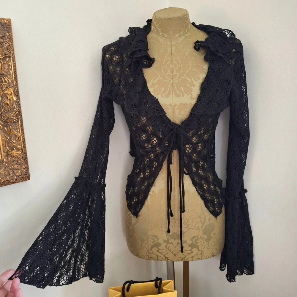 Urban Outfitters Black Crochet Tie Cardigan Bell Sleeve Large WhimsyGoth Boho